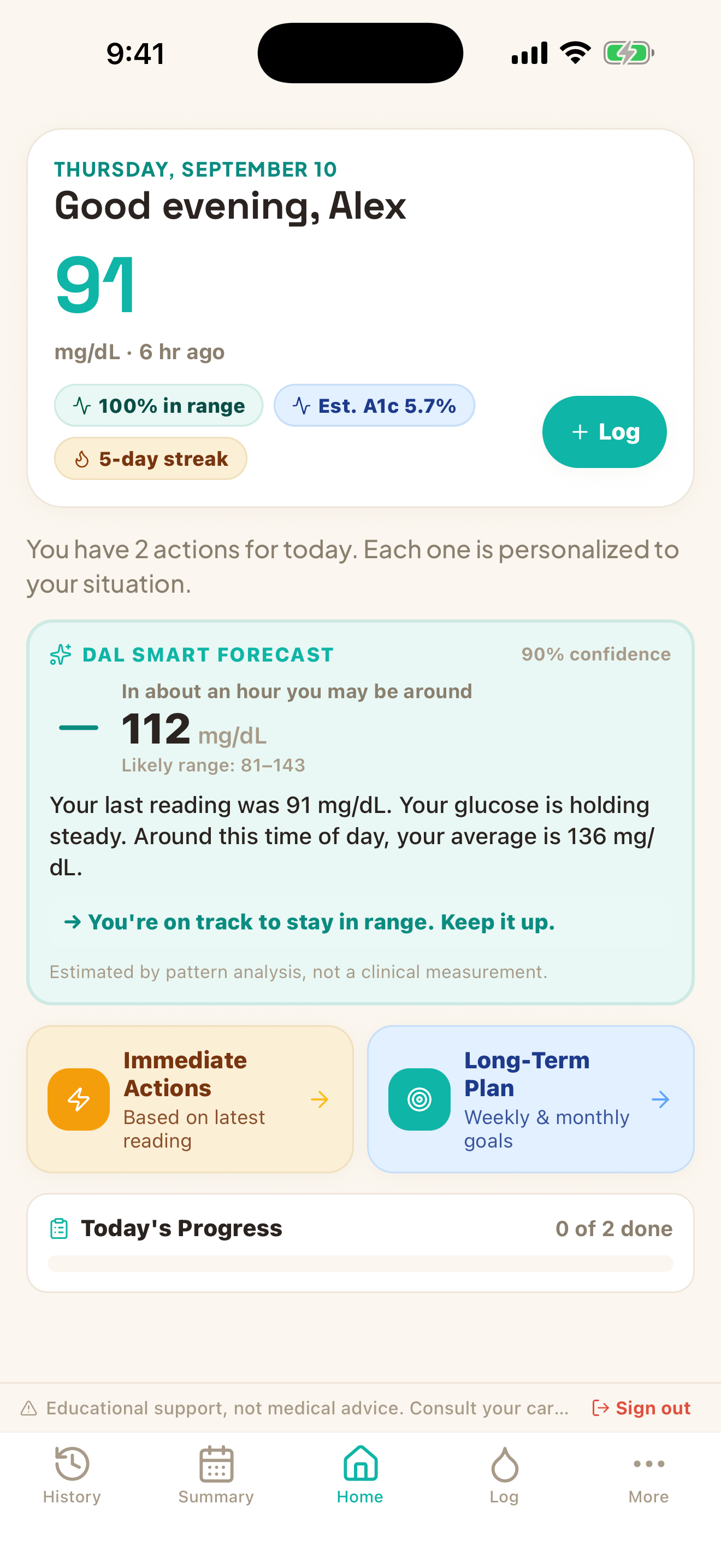 DAL home screen in the Calm theme: latest reading, time in range and today's actions